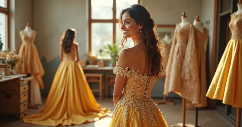 Quanto custa um vestido de noiva dourado sob medida? Veja como pagar menos