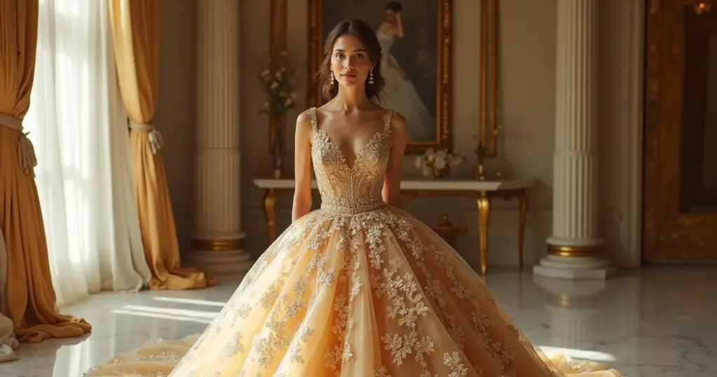 Quanto custa vestido noiva dourado luxuoso? Veja o que justifica o preço