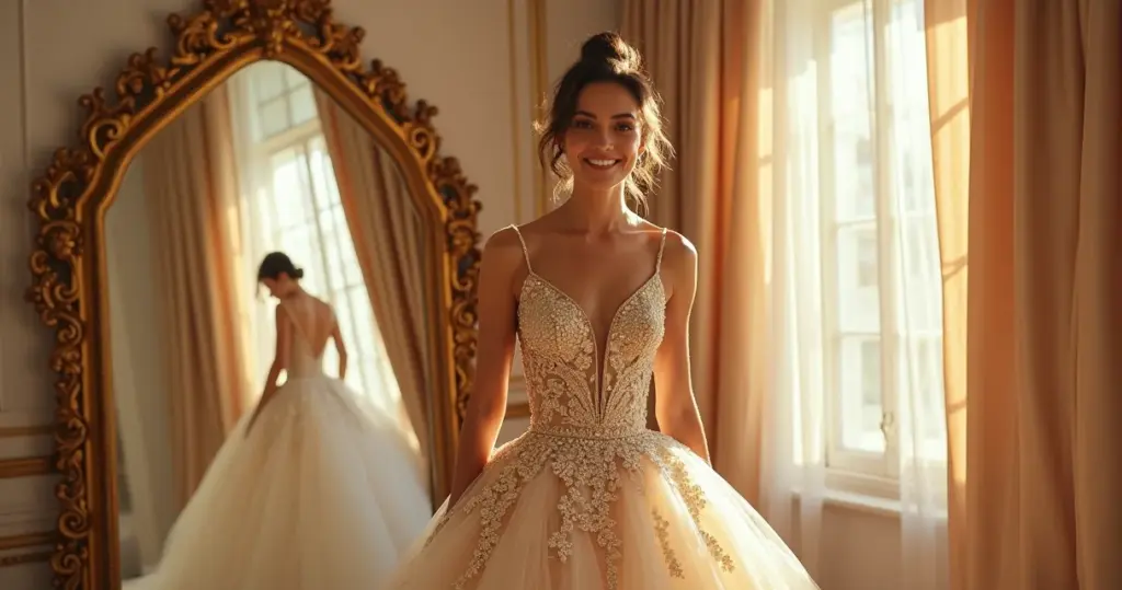 Quanto custa vestido noiva dourado luxuoso? Veja preços reais e como economizar