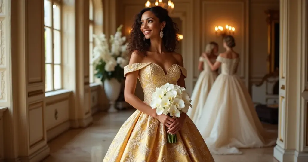 3 Ideias para Escolher Vestido Noiva Dourado Cetim ou Brocado