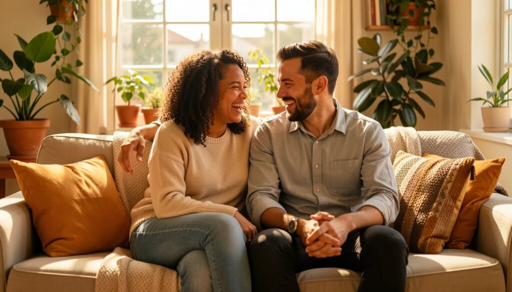 Casal feliz conversando no sofá em casa, luz natural, ambiente acolhedor.