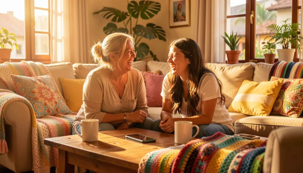 Do ‘ok’ ao carinho: como deixar as mensagens digitais da família mais pessoais Duas mulheres rindo juntas em sala aconchegante com celular sobre a mesa
